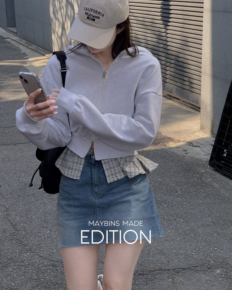 [MADE] Check frill hooded zip-up