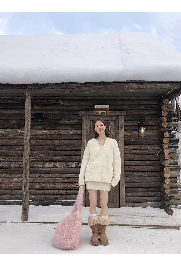 Cloud V-neck Knit Skirt Two-piece