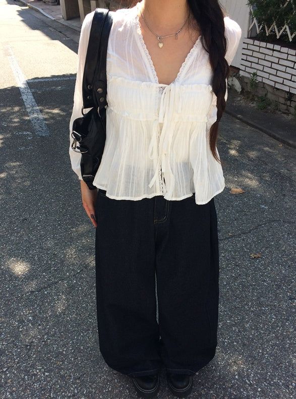 Cosn Side-Pintuck Raw Denim Wide Pants