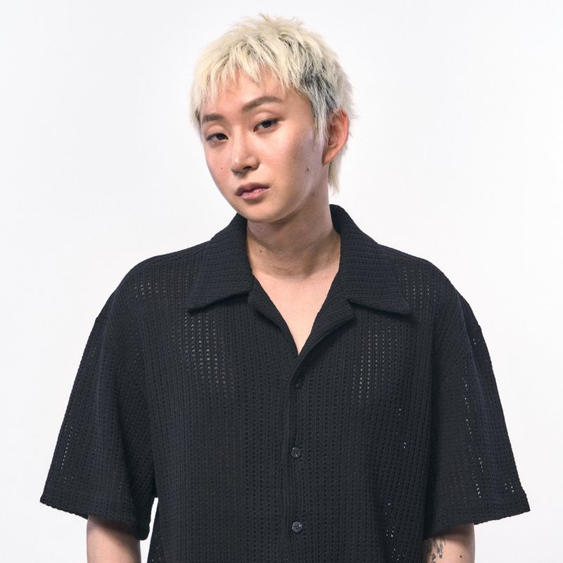 CROCHET KNIT HALF SHIRTS BLACK