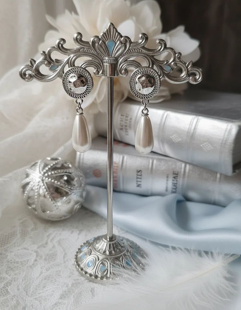 Ethnic Button and Long Pearl Earrings - Silver Color