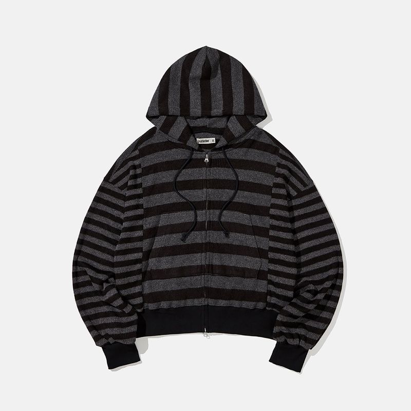 karactor（カラクター）の「Striped knit hooded zip up / Black charcoal（Tops）」