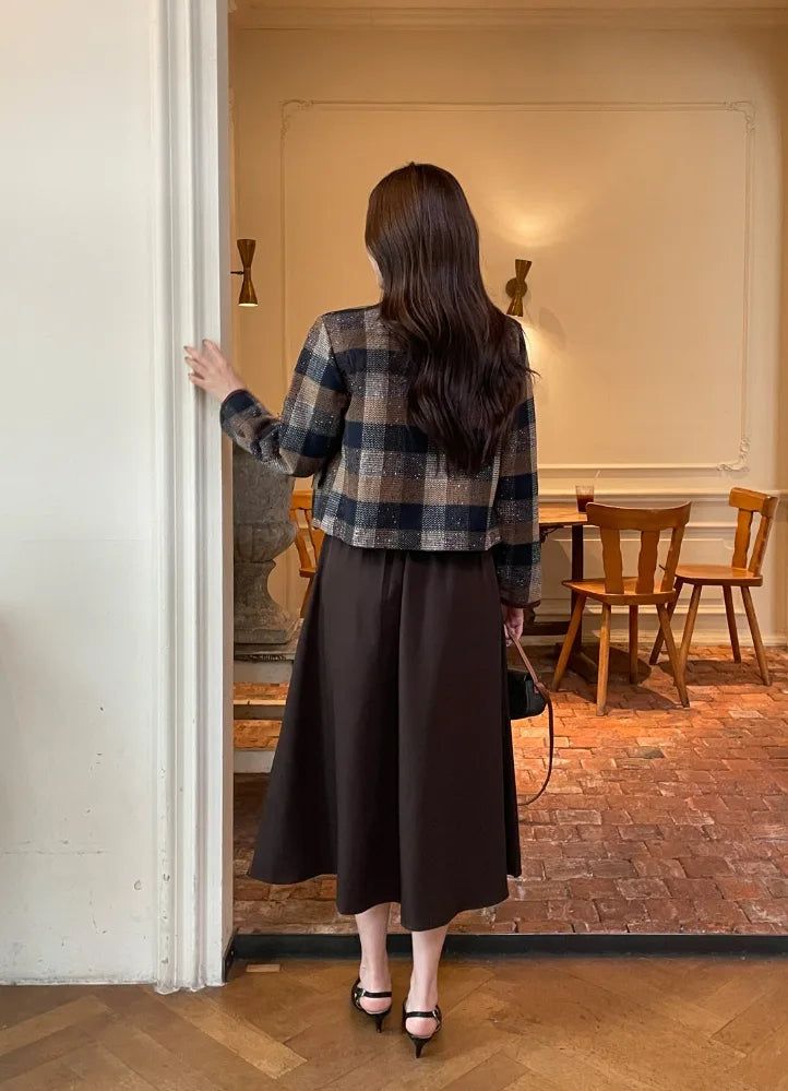 LT Round-Neck Color Matching Check Tweed Jacket