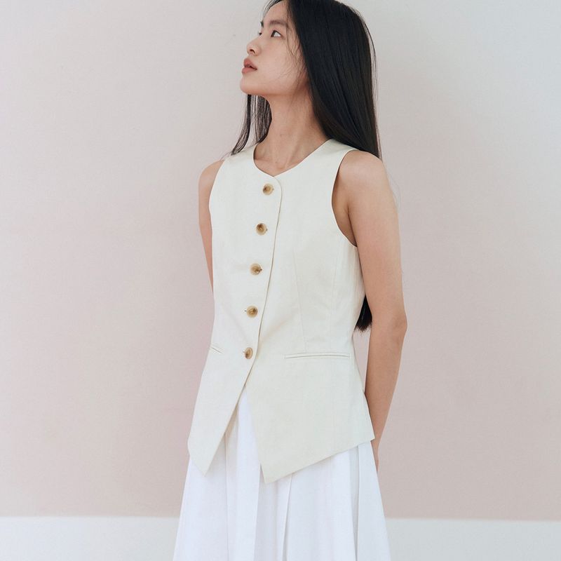Tailored Cotton Blended Vest_Cream