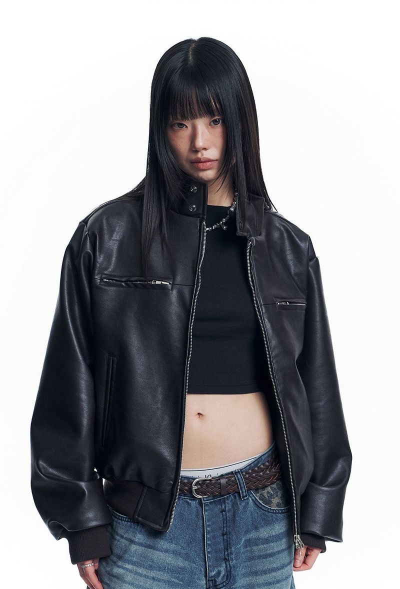 High Neck Leather Crop Jacket - Brown