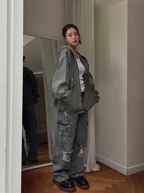 Damage Two Way Denim Hooded Jacket