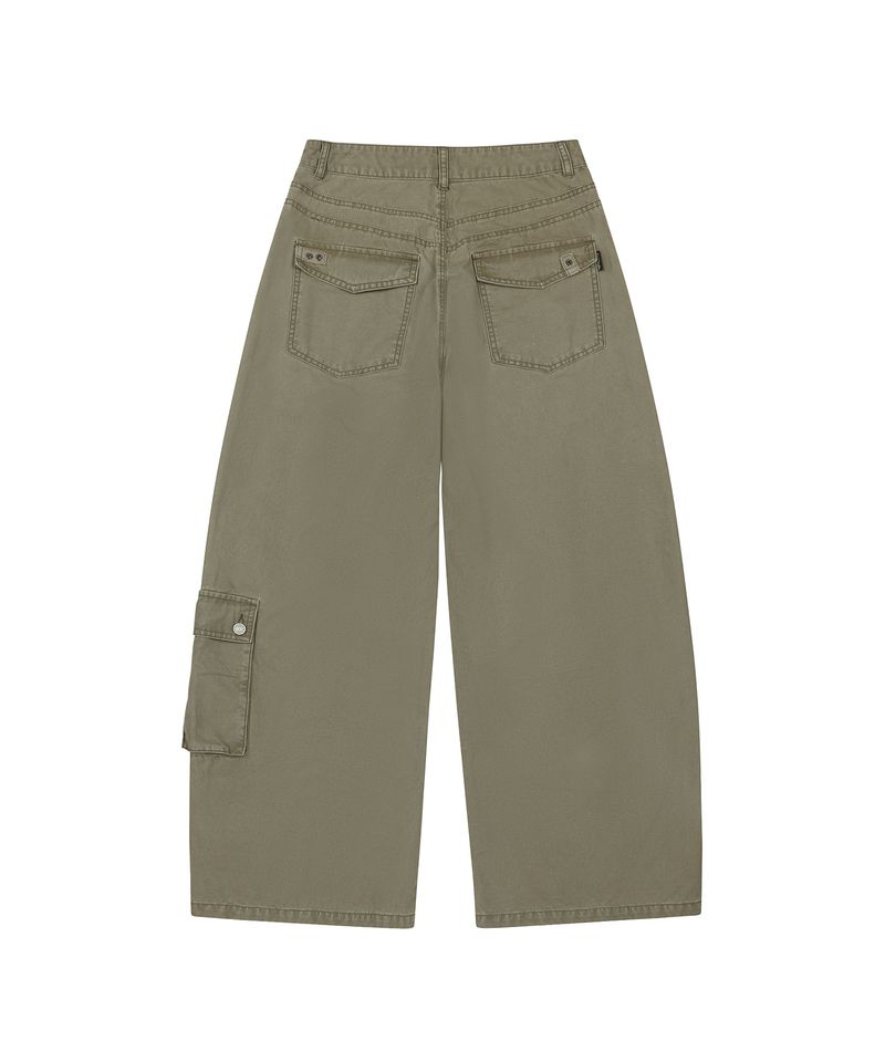 Washed Pocket Semi Wide Cotton Pants - BEIGE