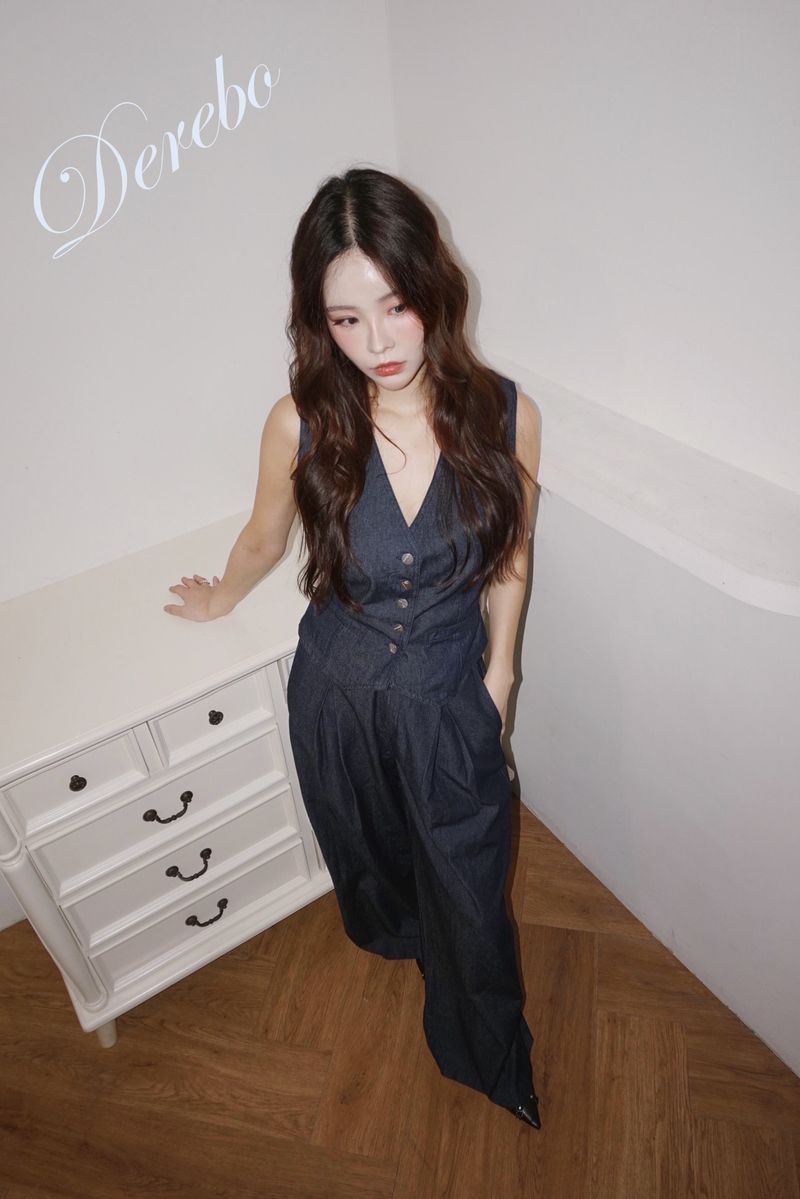 Dark blue denim vest pants two-piece