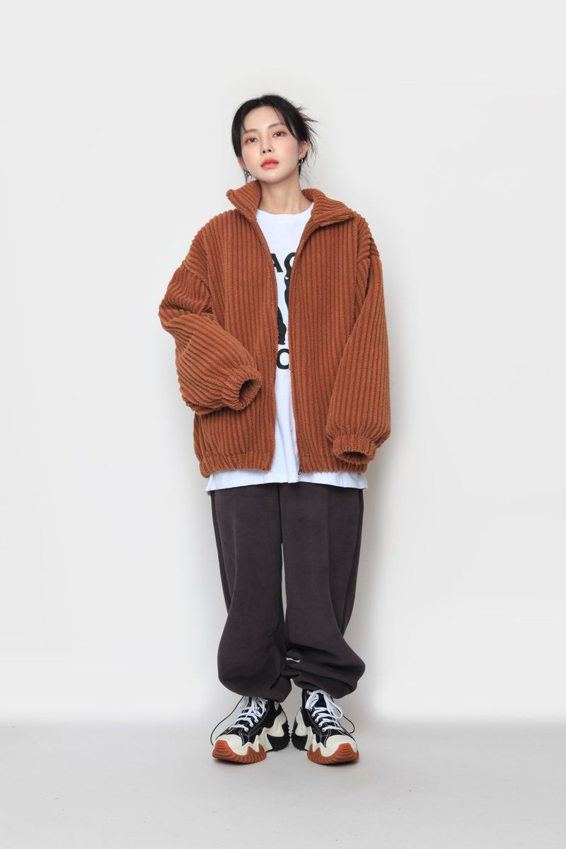 fur ribbed zip-up jacket