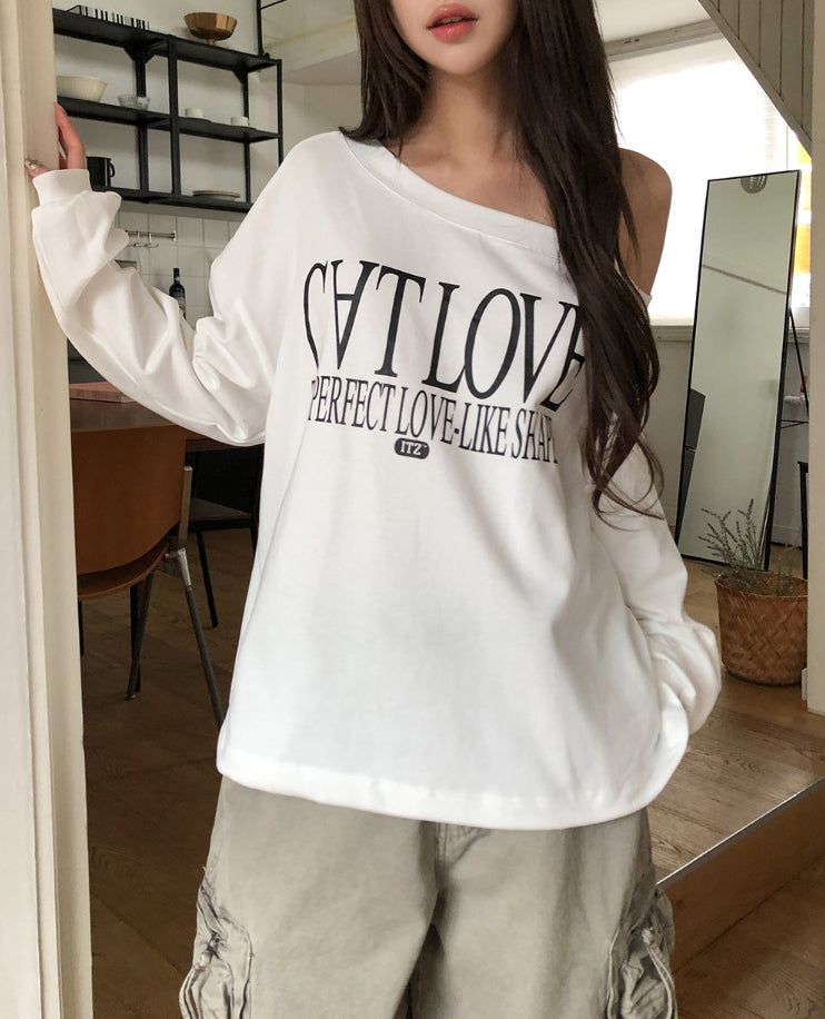 Kitten Lettering One-Shoulder String Sweatshirt