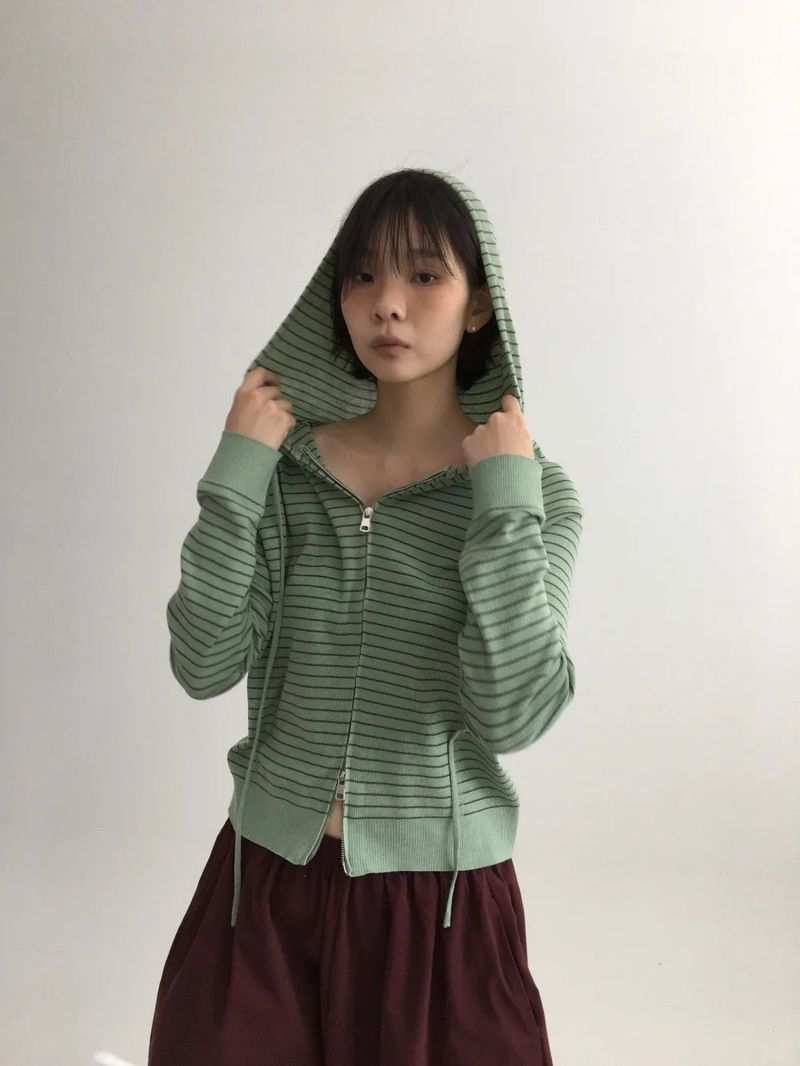 Bobby Striped Knit Zip-Up Hoodie (7color)