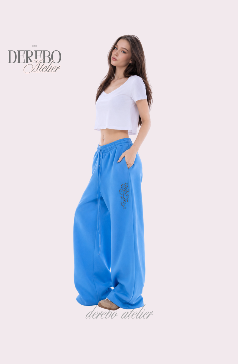 Blue beads banding wide pants