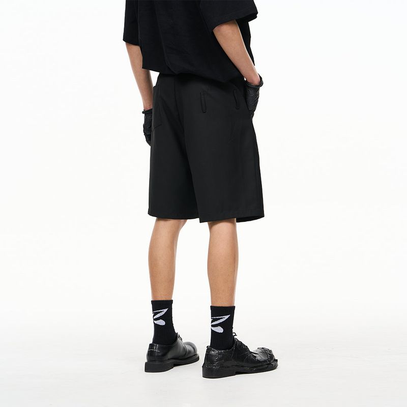 RELABEL Black Crooked Waist Head Adjustable D-Buckle Denim Belt Pleated Suit Shorts