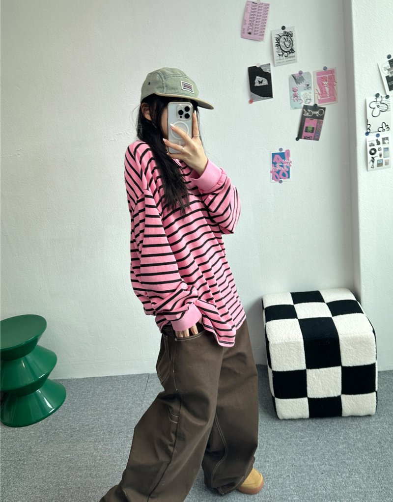 OVERFIT STRIPED ROUND BOX T🩶🖤🩷💙 - 4 COLORS