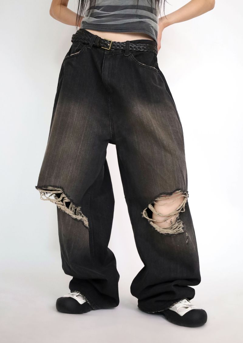 (UNISEX)Torn Twilight black Denim