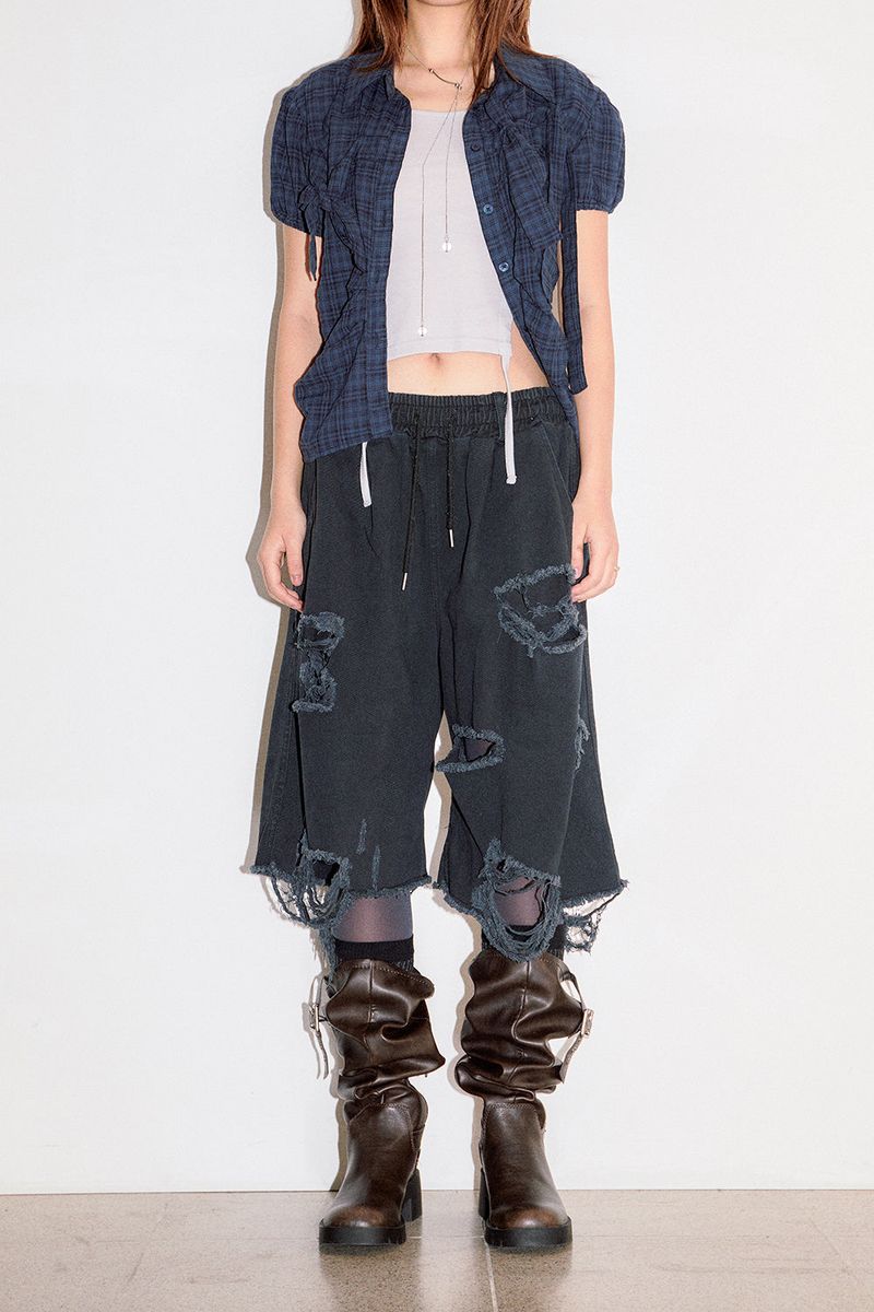 Raucohouse(ラウコハウス)の「Wild distressed banding denim shorts(Pants)」