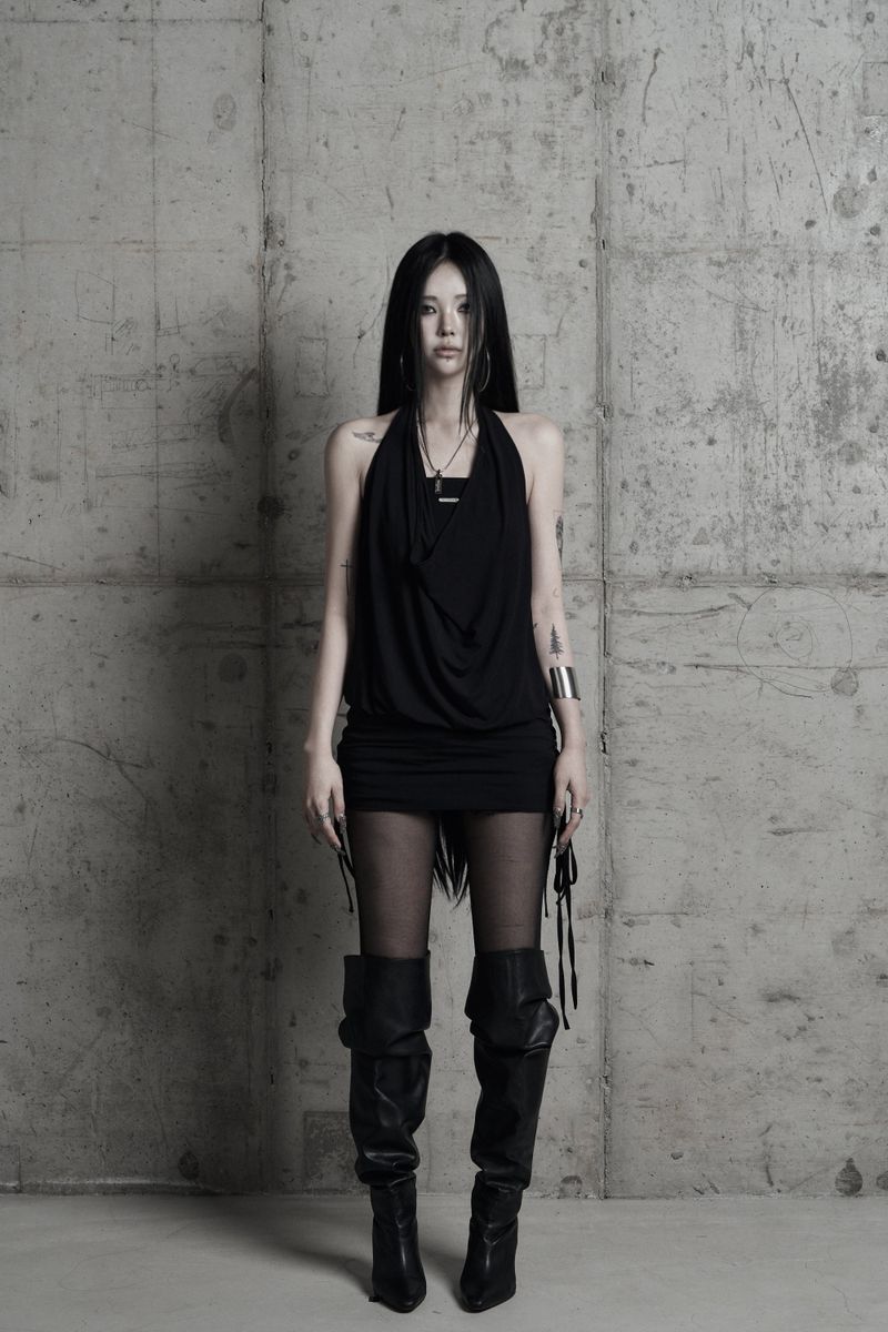 [label] cowl-neck side lace-up one-piece BLACK