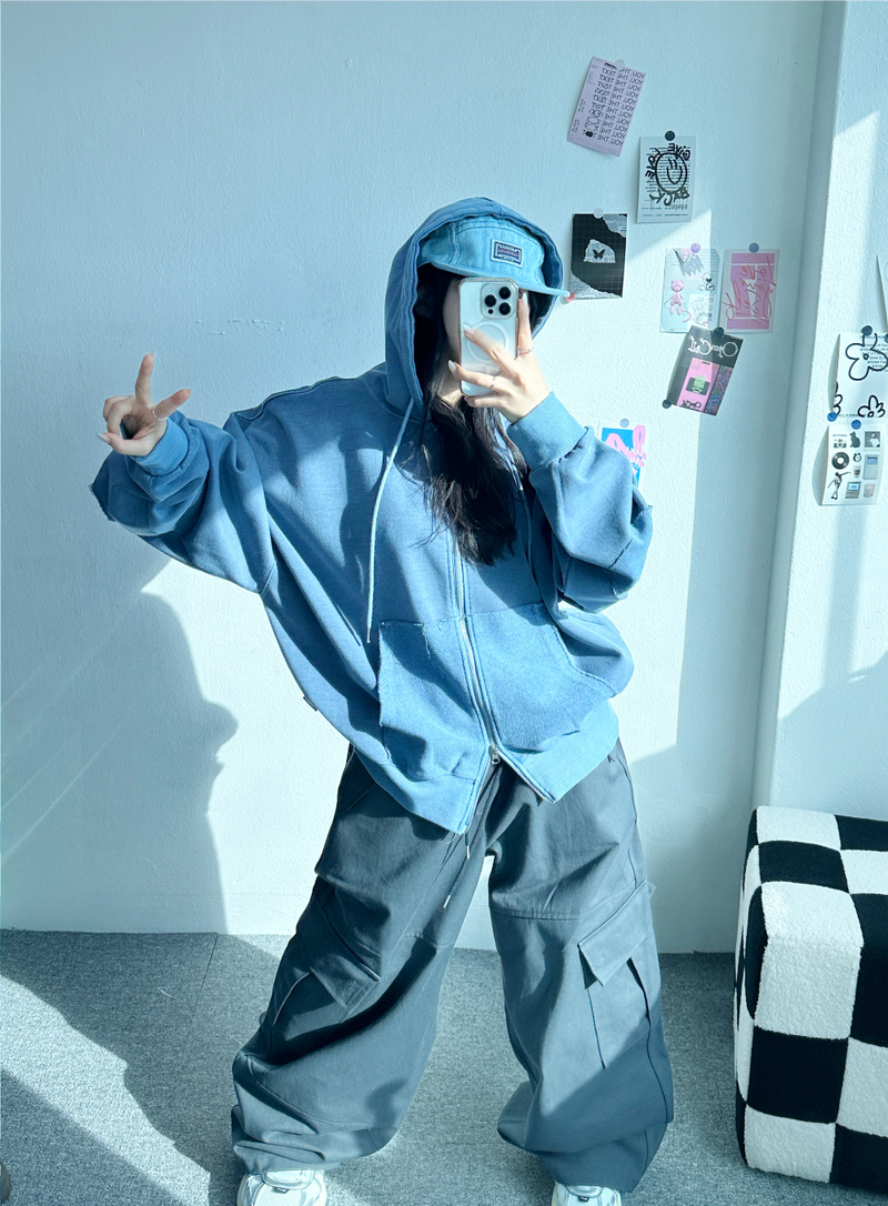 PIGMENT PATCH POINT 2-WAY HOOD ZIP-UP💛🩵🩶 - 3 COLORS
