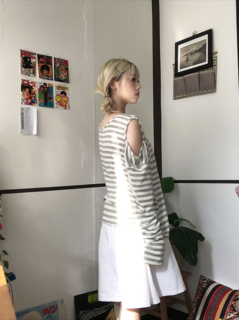 shoulder slit loose stripe long sleeve