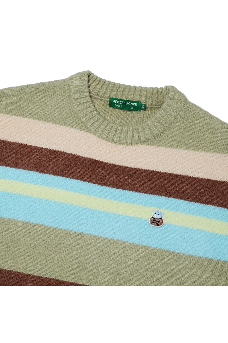 Bear Patch Multi Stripe Knit_Olive Green