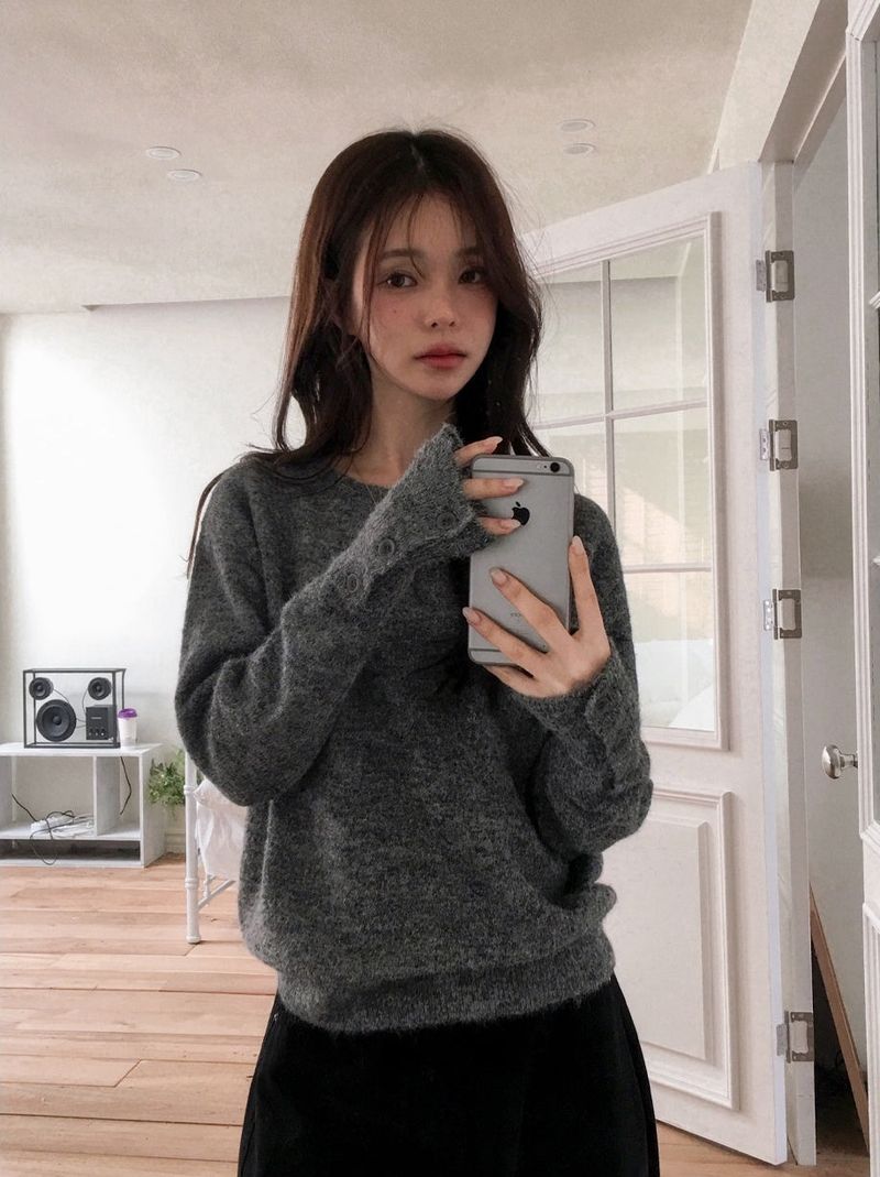 Sleeve Button Loose Wool Round Knit (4color)