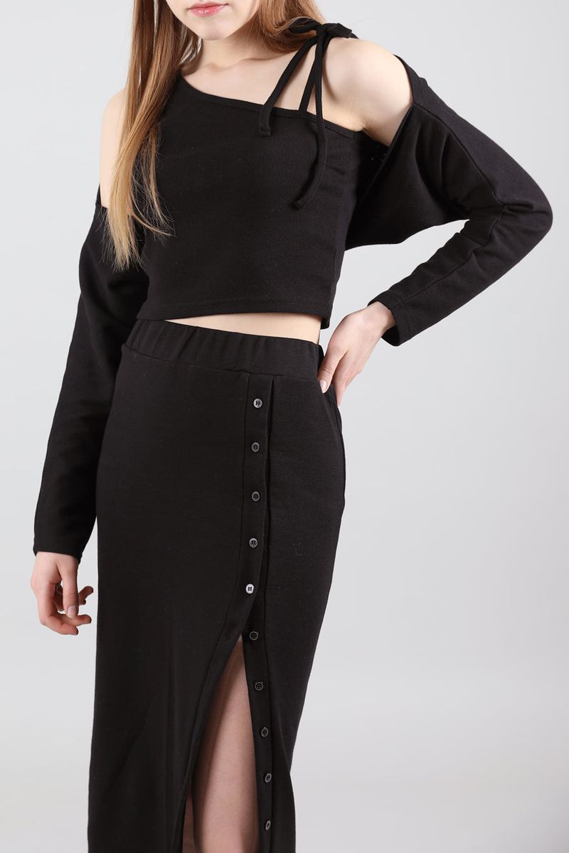 Button Banding Long Skirt Black