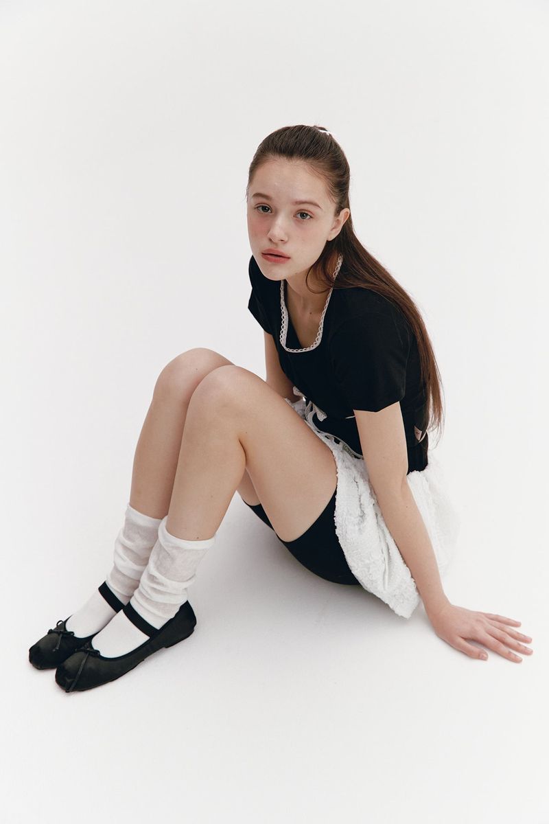 Lace Ribbon Shirring Top Black