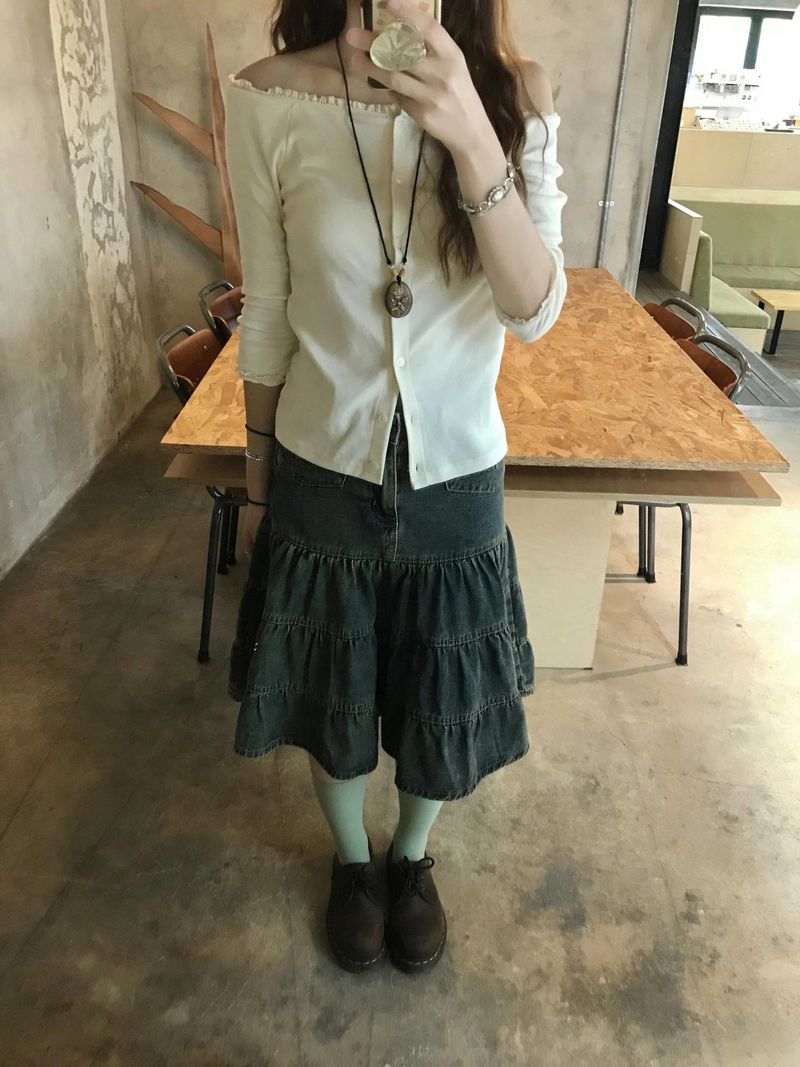sear denim tiered skirt