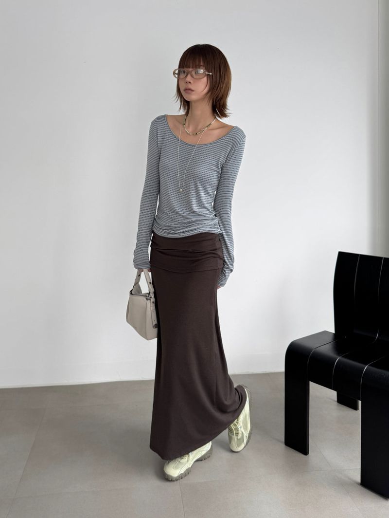 [prts made] soft touch boat-neck long sleeve T-shirts (blue stripe)