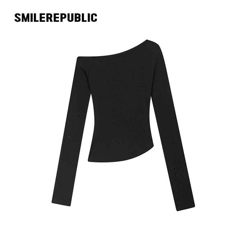 Black Rhinestone Embellished Cotton Blend Asymmetrical Off-Shoulder Long Sleeve Knit Top for Women