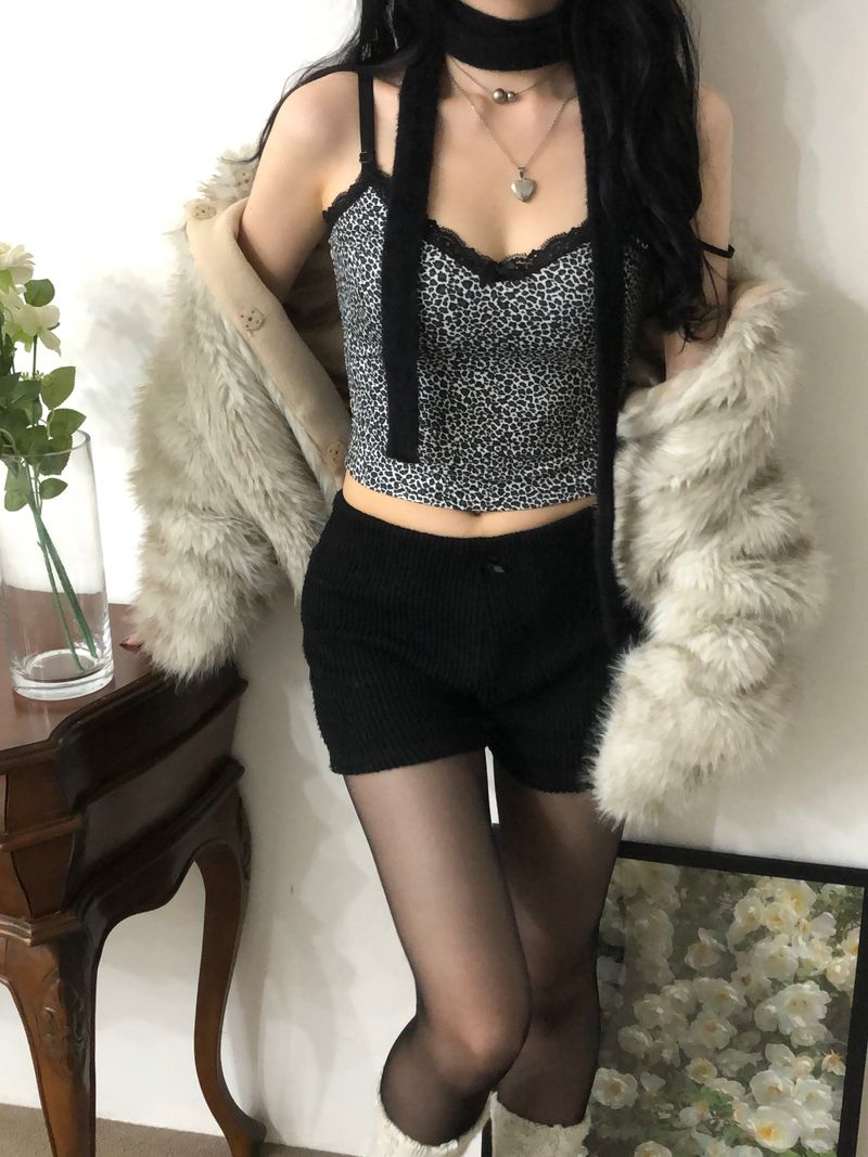 Ribbon Leopard Sleeveles(Black/Pink)