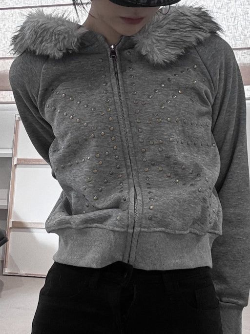 Cross Studded Hood Zip-Up