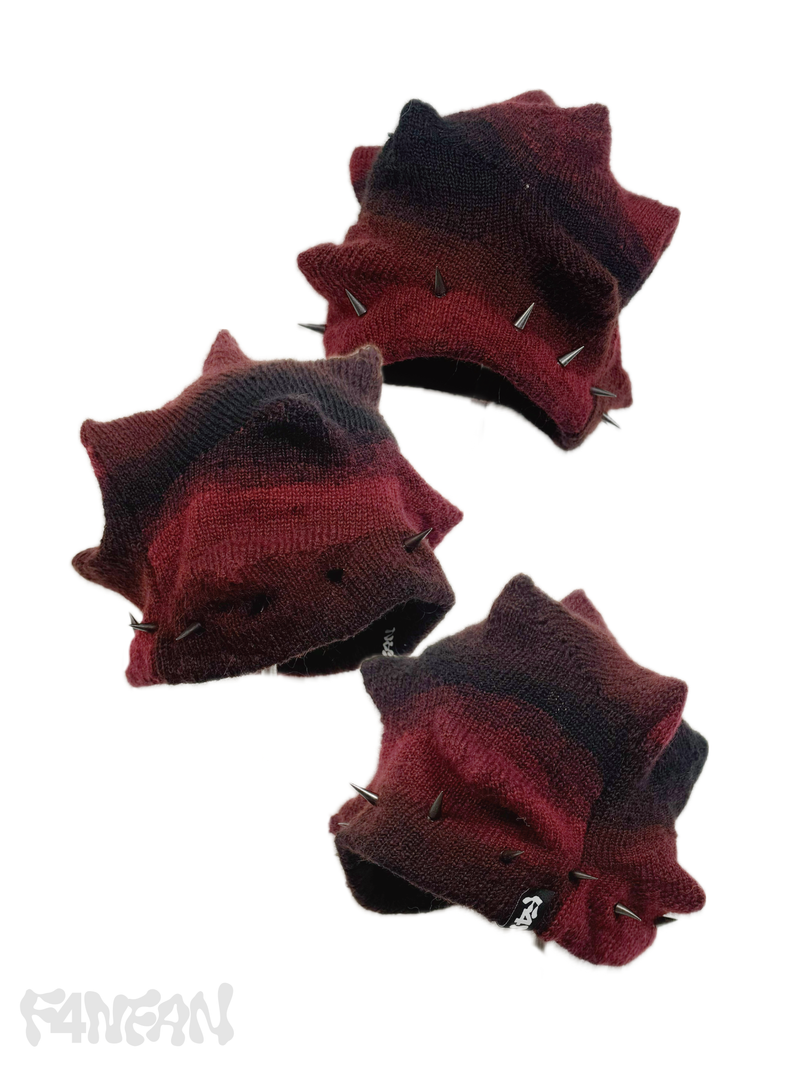 RED&BLACK Punk Spiky Textured Knit Beanie Studded Brim