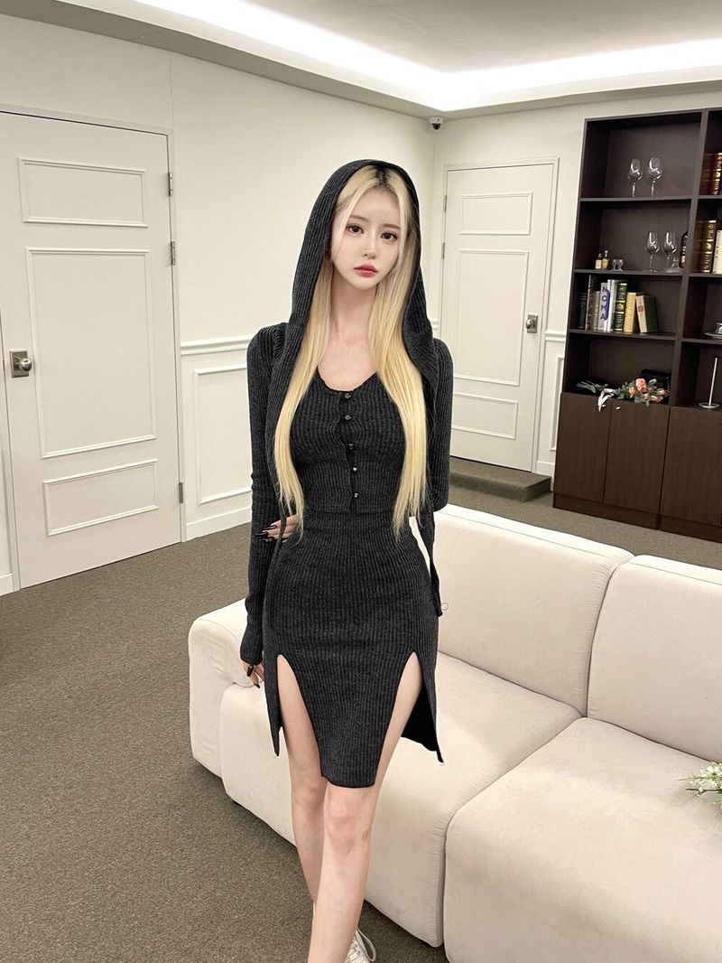 1406. Hood cardi halter ops set (2color)