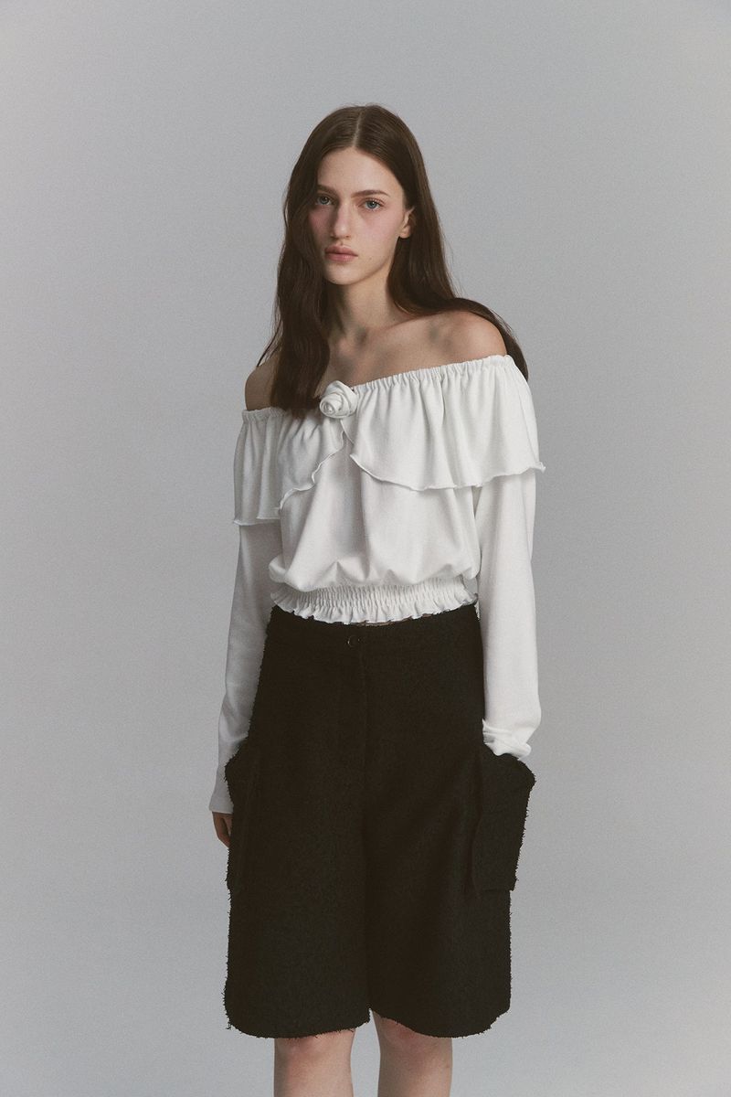 Ribbon Tweed Bermuda Pants Black
