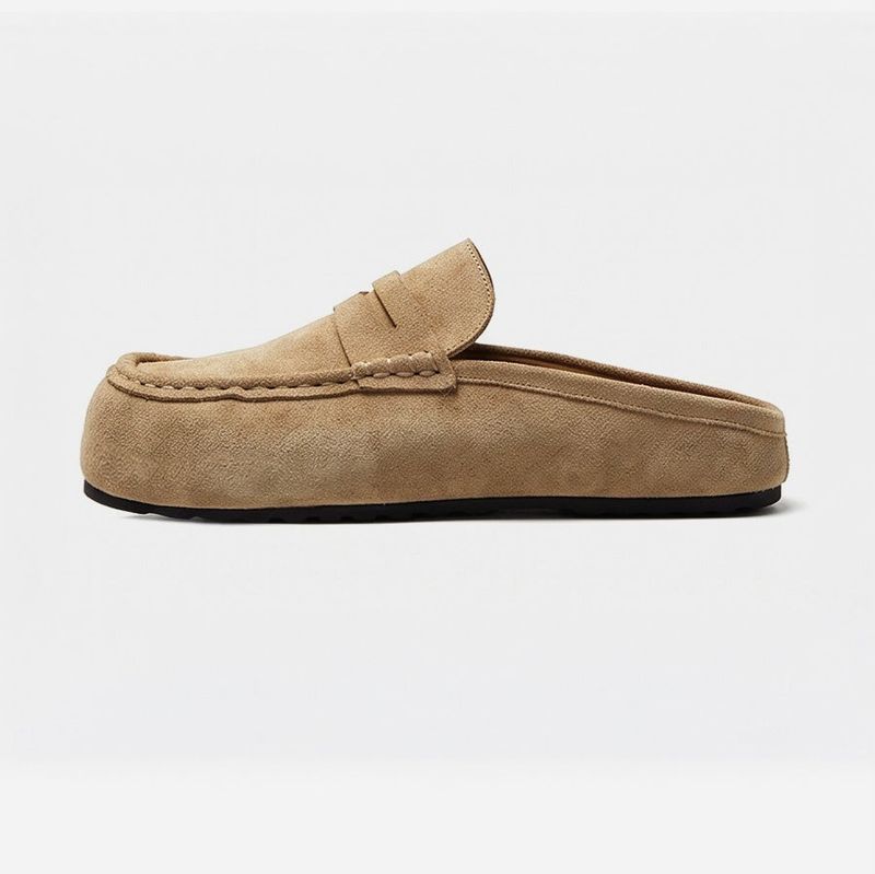 Suede Loafer Slides Camel
