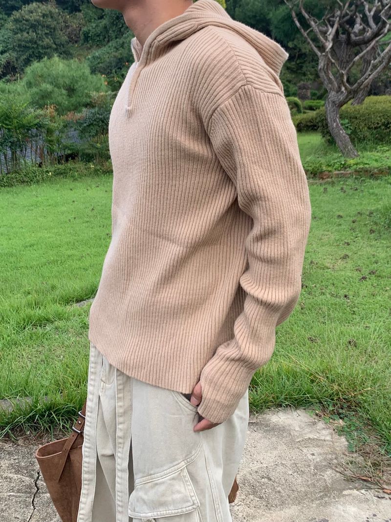 Rib Hood Half Zip-Up Knit