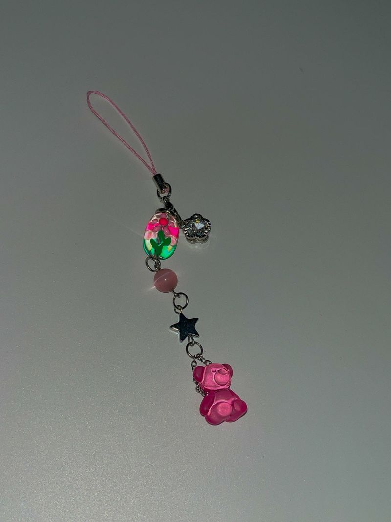 Pinky bear flower phone strap