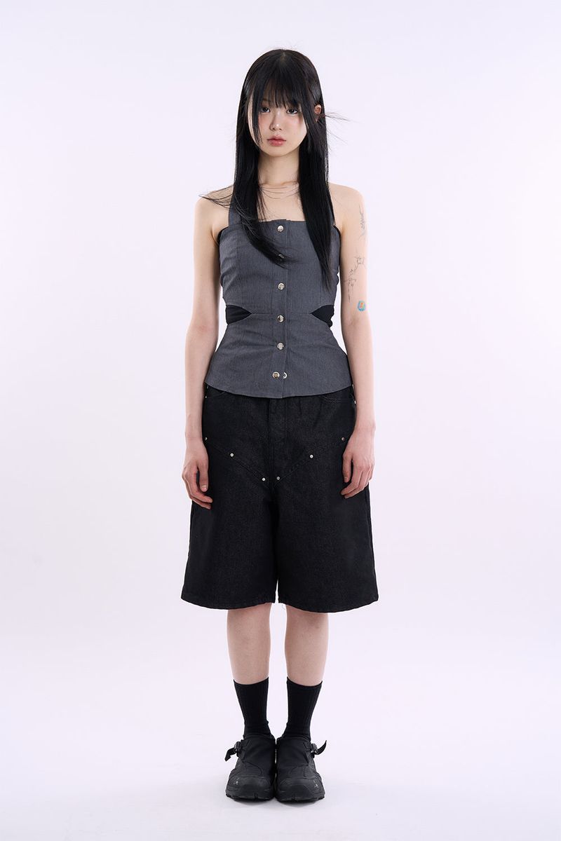 Denim snap cut out sleeveless top