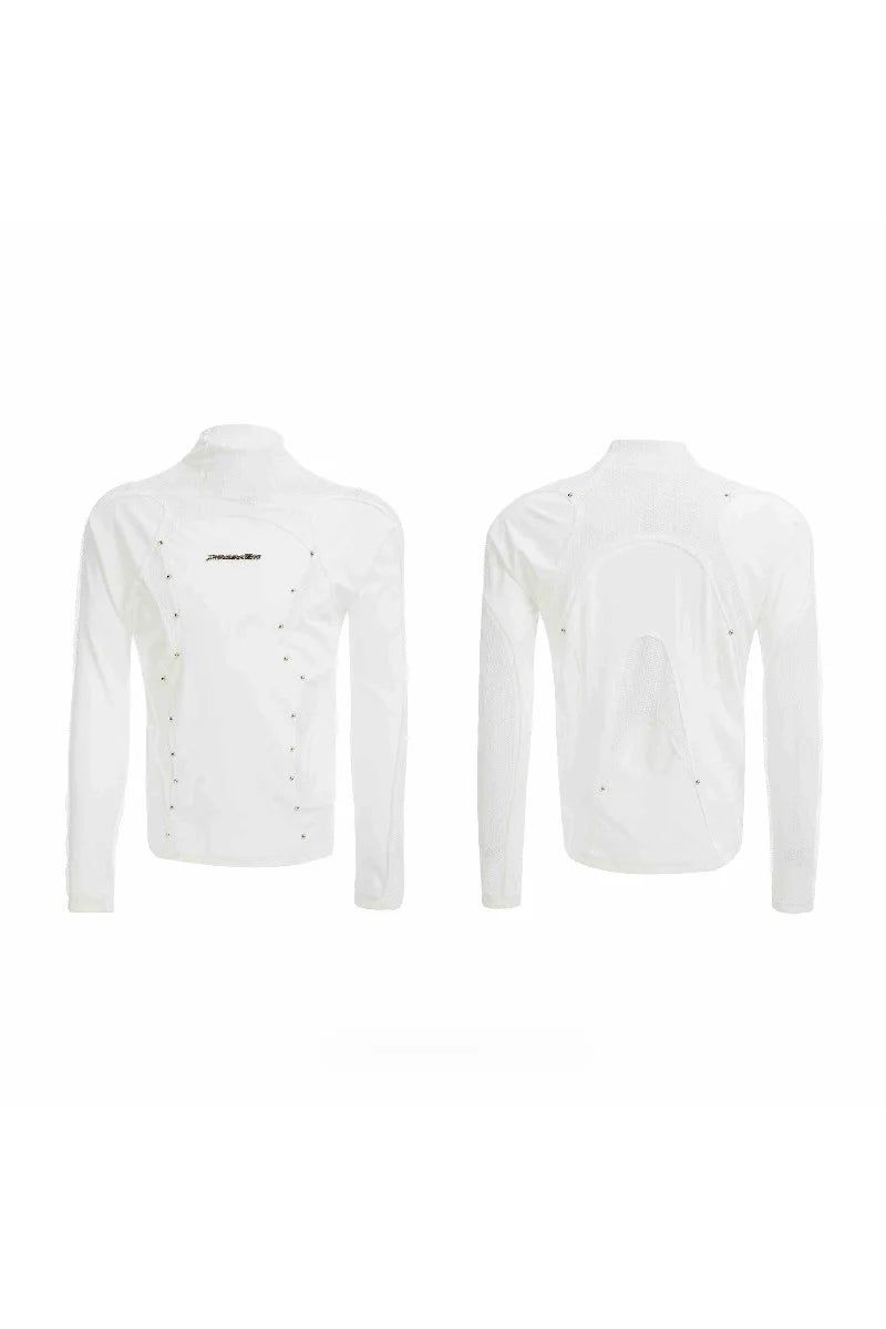Deconstructed Mesh Panel Studded Turtleneck Tee