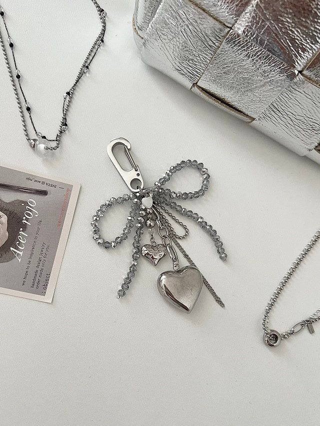 Gra Chic Hip Gray Ribbon Stainless Steel Big Heart Kitchen Chain Keyring Keyring