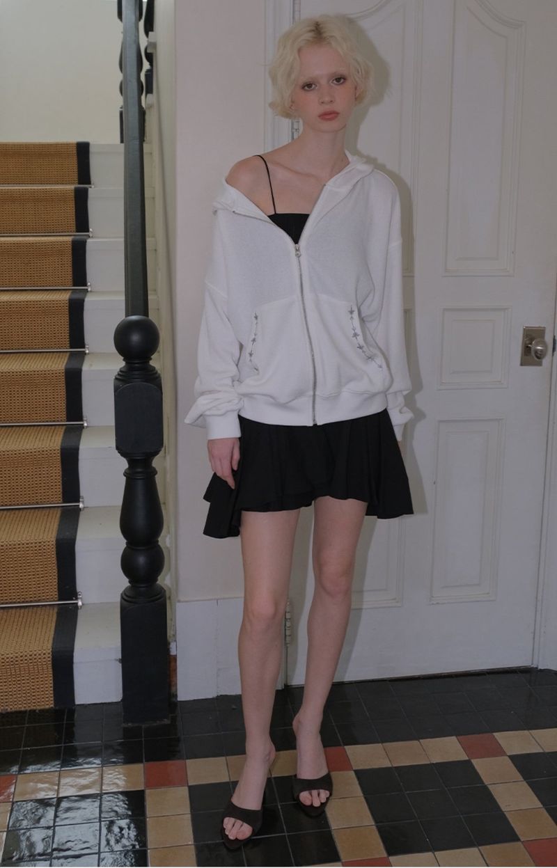 C HOODED KNIT ZIP-UP_ WHITE