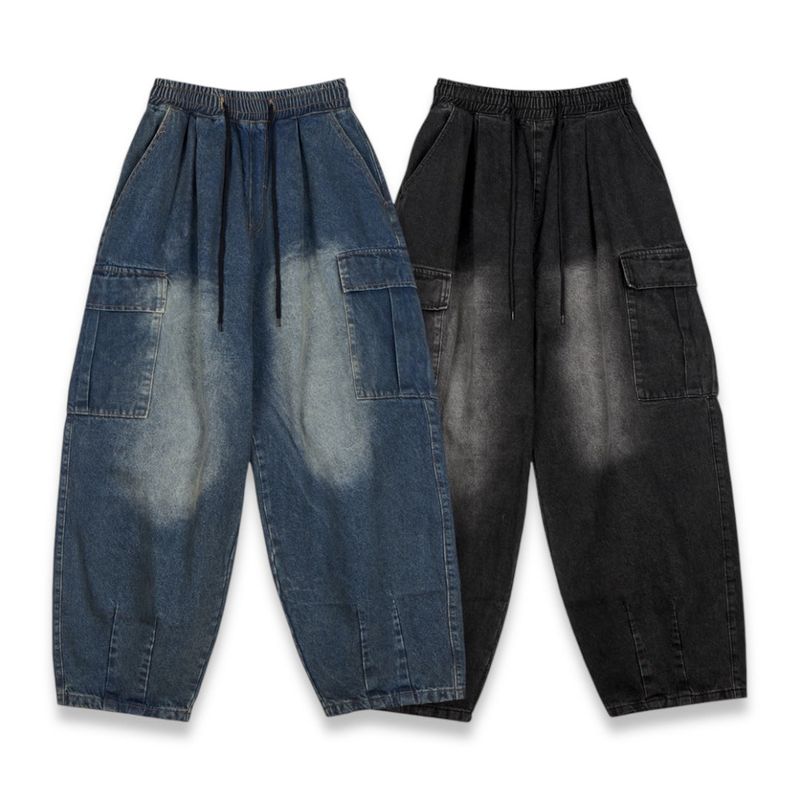 Vintage-Washed Denim Cargo Balloon Pants