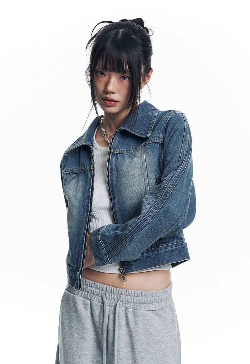 Washed Crop Track Denim Jacket - Deep Blue