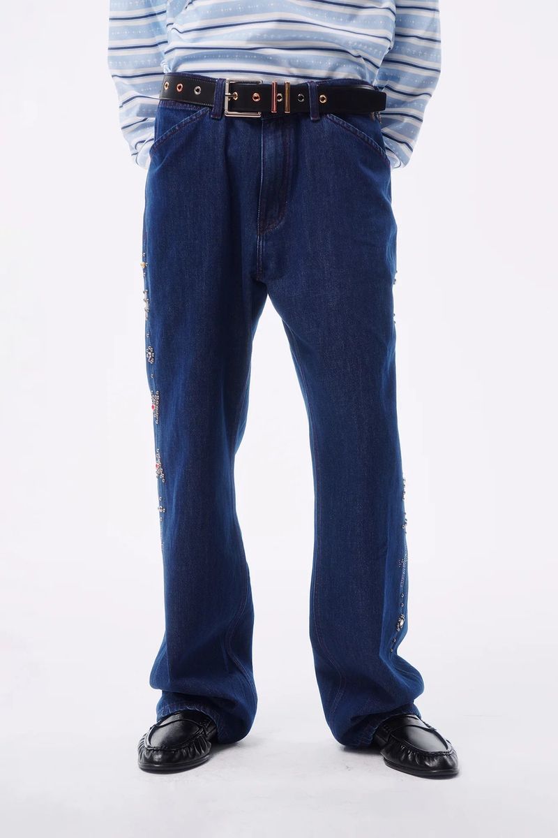 TOTEM RIVET FLOCKED DENIM PATCH STRAIGHT TAILORED JEANS