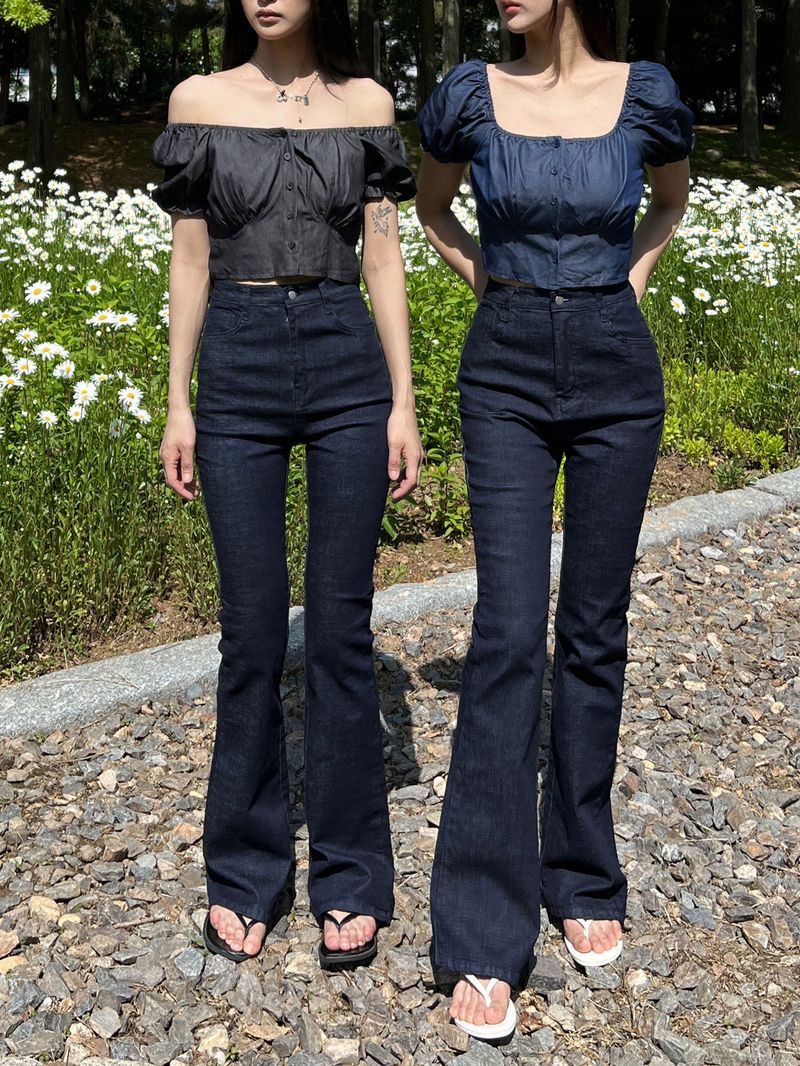 セルベッジデニムスペンデックスハイウエストブーツカットパンツ（デニム）