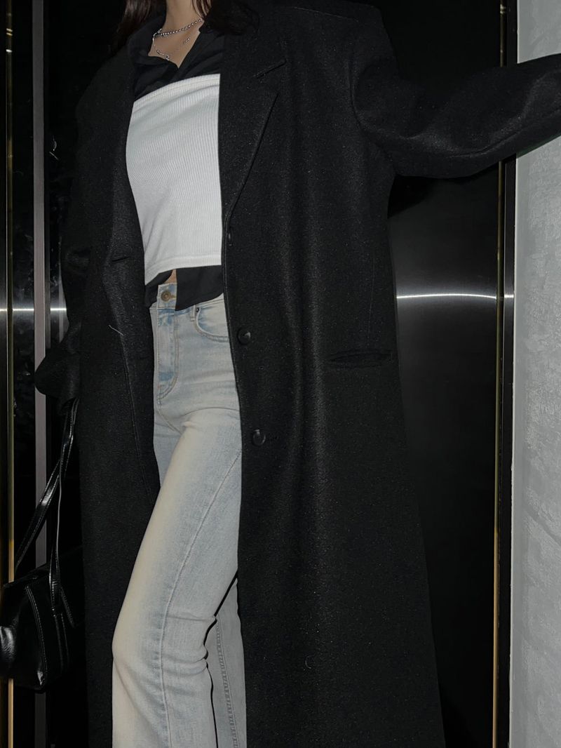 [UNISEX] Wool back button maxi long coat (Black)