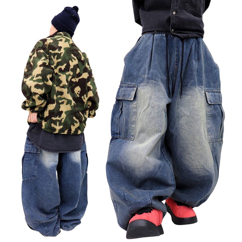 Vintage-Washed Denim Cargo Balloon Pants