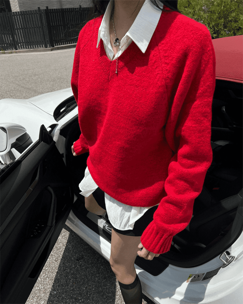 [UNISEX] オーバーフィットVネックヘラベーシックラグランニット (9 colors)