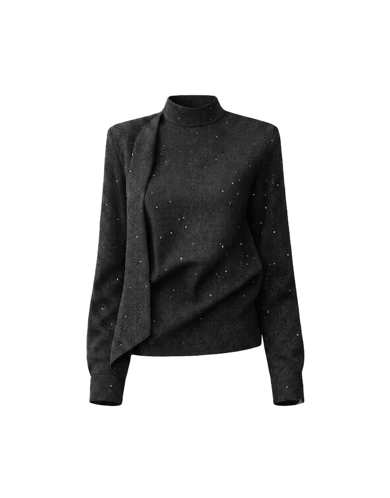 TWEEDY-A（ツウィーディア）の「[PRE- FALL] ノワール グリッター デニム ハイネック ドレープブラウス ブラック（トップス）」